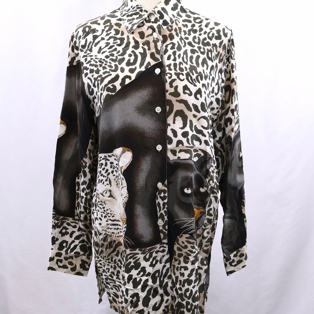 Vintage Moda Spiegel 100% Silk Leopard Panther Print Button Up Blouse Womens S